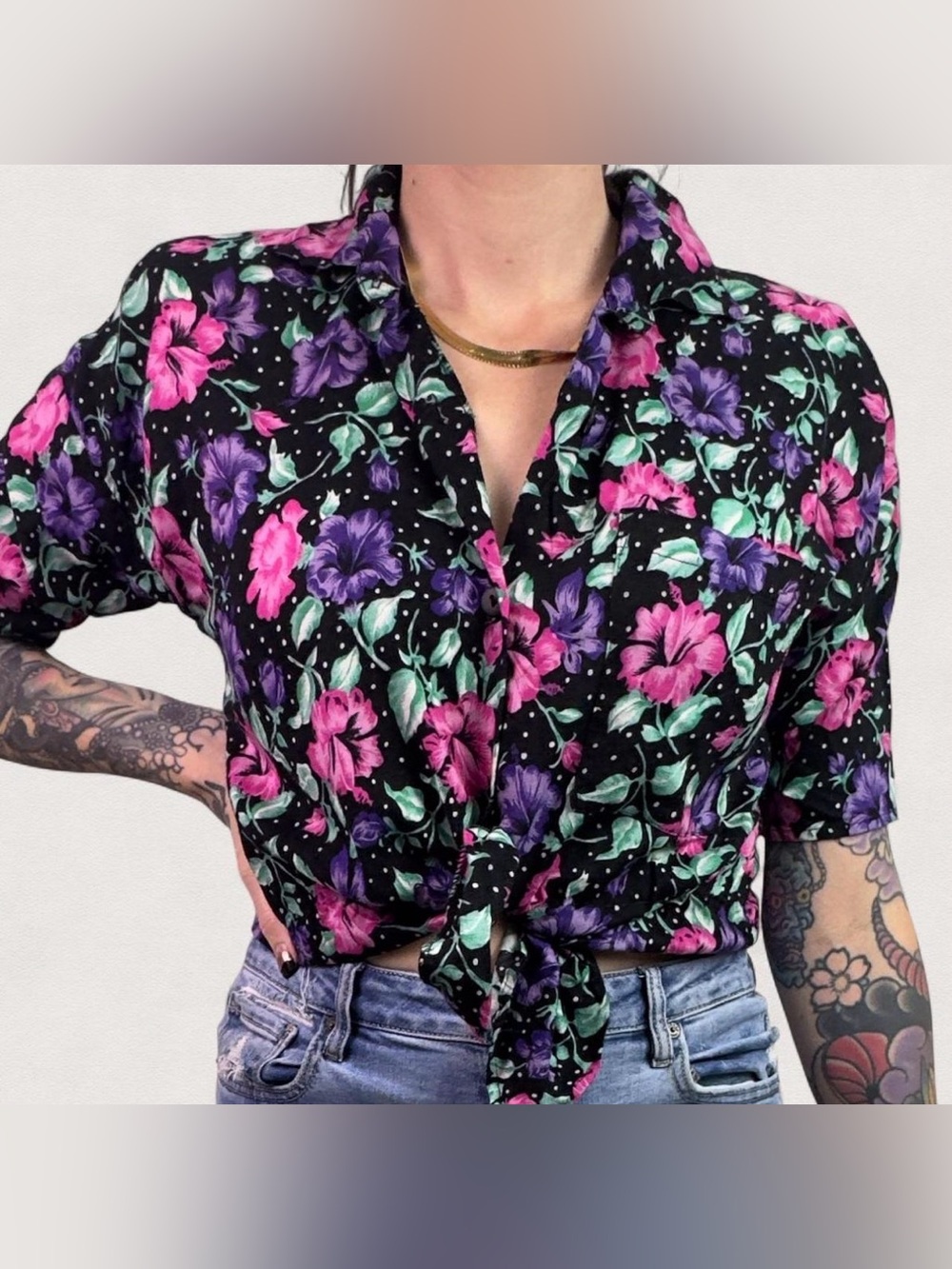 Vintage Floral Crop Top | Polka Dot Pink & Purple | Hibiscus Size Small Tie